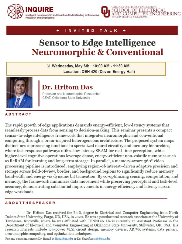 INQUIRELAB Seminars hosted Dr. Hritom Das from Oklahoma State University - May 6, 2026
