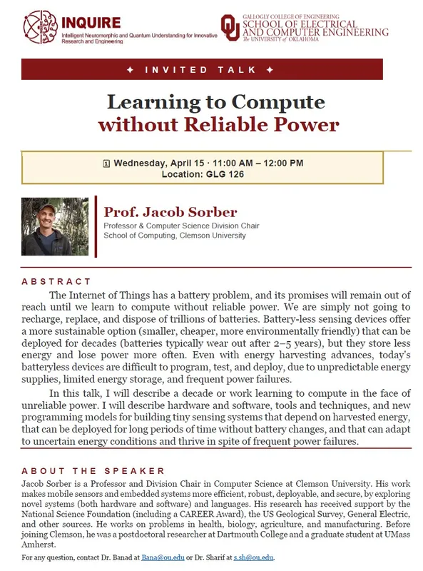 INQUIRELAB Seminars hosted Dr. Sorber from Clemson University - April 16, 2026 