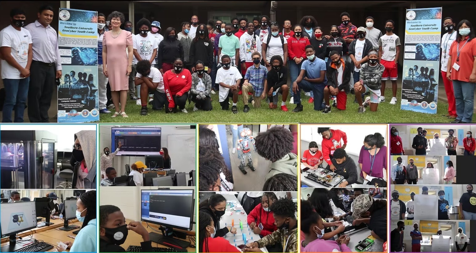 K–12 outreach: GenCyber Youth Camp group photo and students in computing, robotics, and electronics sessions